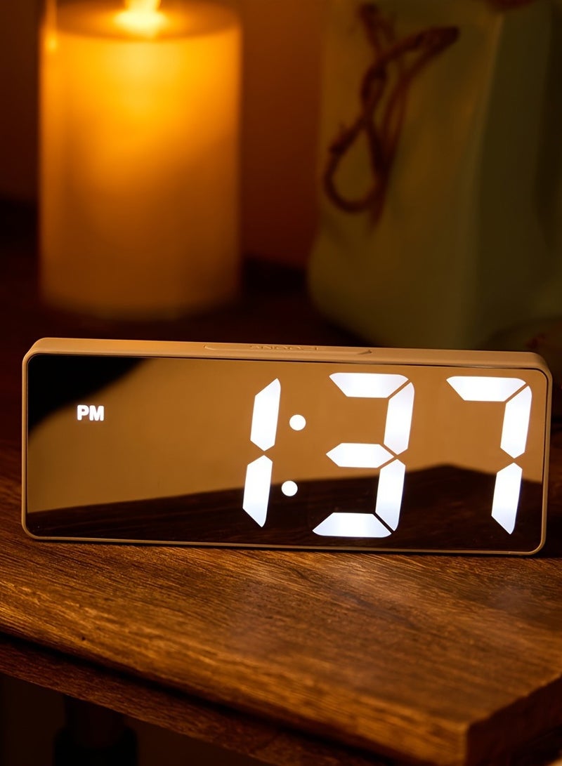 Modern Led Digital Alarm Clock With Mirror Finish Adjustable Brightness, Temperature Display, Usb Powered Desk Clock For Bedroom Decor , Batteries Not Included Alarm Clocks For Bedrooms（White） - Image 1