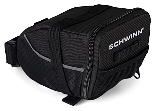 SCHWINN حقيبة مقعد شوان للدراجات، سوداء، بسحاب فتح واسع، تركيب سهل، حواف عاكسة، متوافقة مع معظم دراجات البالغين، تخزين للأنبوب، المحفظة، المفاتيح والمزيد، حقيبة مقعد الدراجة - Image 1