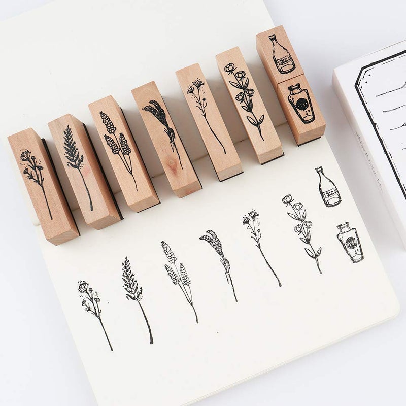Dizdkizd 8 Pieces Vintage Wooden Rubber Stamps, Plant & Flower Decorative Mounted Rubber Stamp Set for DIY Craft, Letters Diary and Craft Scrapbooking - Image 1