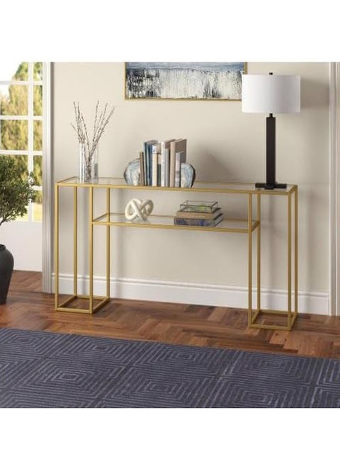 TOMSUN Gold Console Table with Storage – 130 x 40 x 80 cm – Narrow Entryway Table with 2-Layer Clear Glass Top & Gold Metal Frame – Sofa Side Table