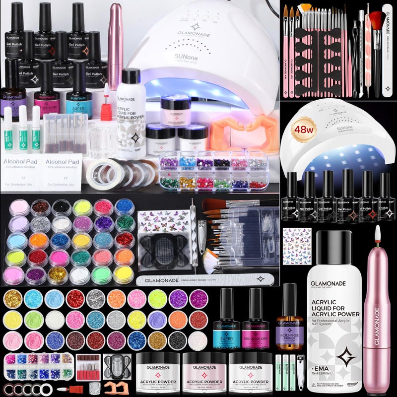 Glamonade Acrylic Nail Kit for Beginners: 0 Experience Needed to Complete Acrylic Nail Starter Kit with 48W Nail Lamp & Drill for Home DIY Manicure - Image 1