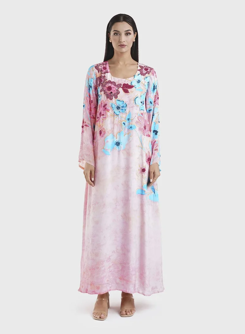 KASHKHA Visose Floral Print Beadwork Ladies Dress (VDK338)