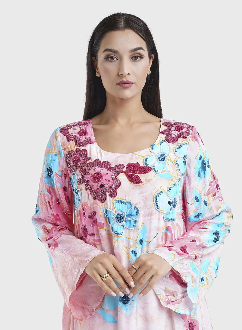 KASHKHA Visose Floral Print Beadwork Ladies Dress (VDK338)