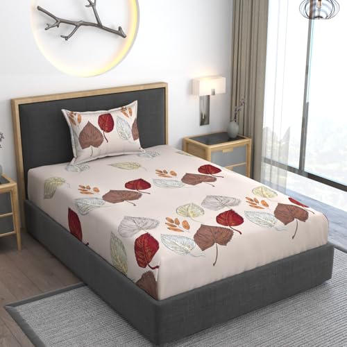AMEYAA 350 TC Cotton Feel Glace Cotton All Around Elastic Fitted Bedsheets Single Size Premium Super Soft Fitted Bedsheet Single Size with 1 Pillow Cover Fits Up to 6 to 8 Inches, 78 x 48 Brown Patti - Image 1