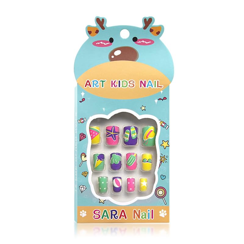 Omdhanu Children Press on Nails Girls Press on Short Artificial Fake Nails Stick on Cute Pre Glue Full Cover Acrylic Nail Tip Kit Gift for Nail Decoration Multi Colour 12 pcs 1 BOX5 PACK - Image 5