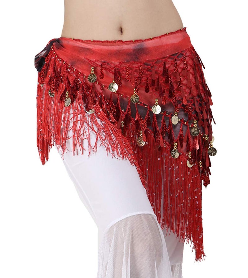 Lauthen.S Belly Dance Hip Scarf with Tassels Sequins, Triangle Coins Wrap Skirt Music Festival Clothing Red - Image 1