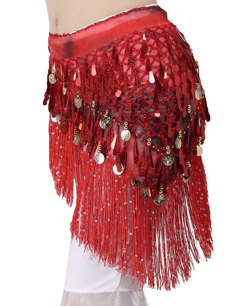 Lauthen.S Belly Dance Hip Scarf with Tassels Sequins, Triangle Coins Wrap Skirt Music Festival Clothing Red - Image 3
