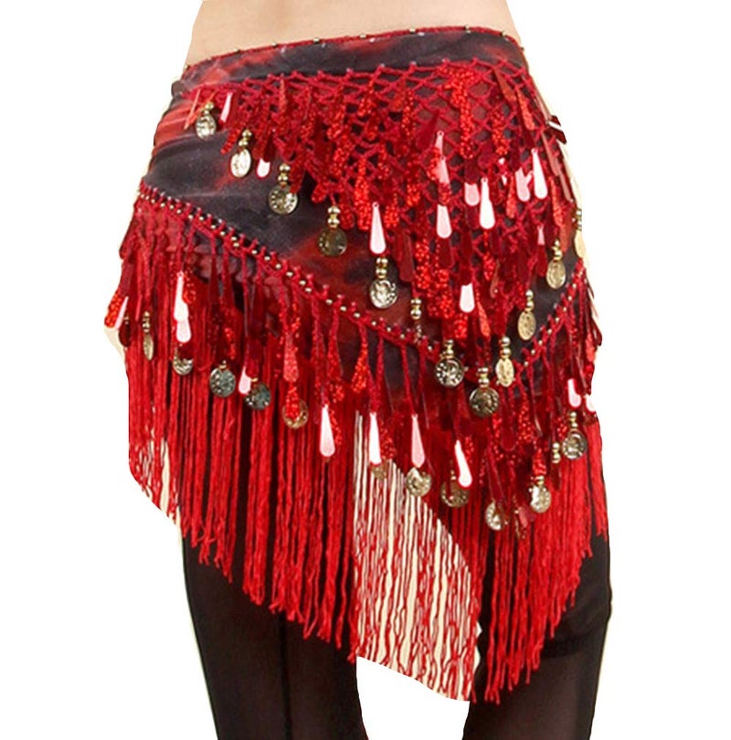 Lauthen.S Belly Dance Hip Scarf with Tassels Sequins, Triangle Coins Wrap Skirt Music Festival Clothing Red - Image 2