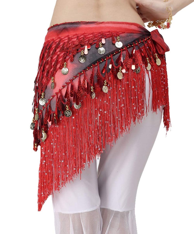 Lauthen.S Belly Dance Hip Scarf with Tassels Sequins, Triangle Coins Wrap Skirt Music Festival Clothing Red - Image 5