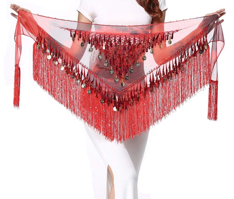 Lauthen.S Belly Dance Hip Scarf with Tassels Sequins, Triangle Coins Wrap Skirt Music Festival Clothing Red - Image 4