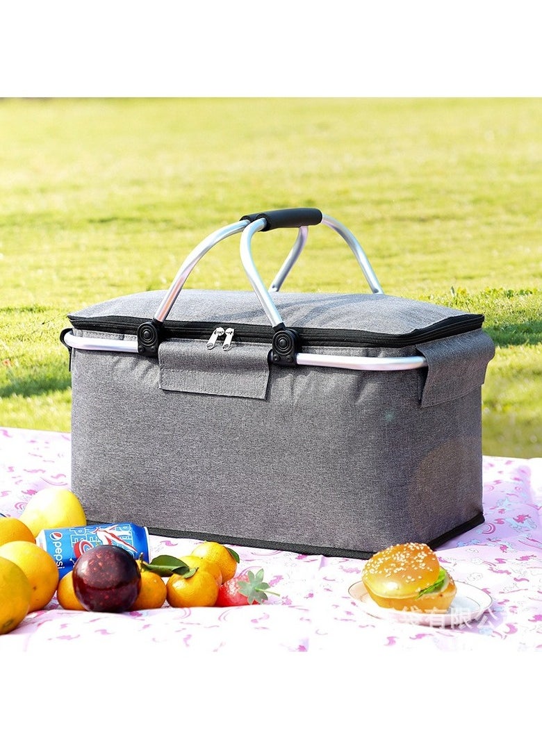 Y&D Picnic Basket 20L Portable Collapsible Cooler Bag Insulated Cooler Bag Grocery Bag Shopping Basket with Aluminium Handles for Shopping Travel Camping  Picnicking Fmily Outdoor Vacations Grey  - Image 1