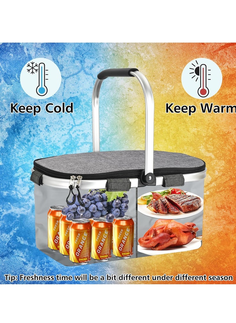 Y&D Picnic Basket 20L Portable Collapsible Cooler Bag Insulated Cooler Bag Grocery Bag Shopping Basket with Aluminium Handles for Shopping Travel Camping  Picnicking Fmily Outdoor Vacations Grey  - Image 2