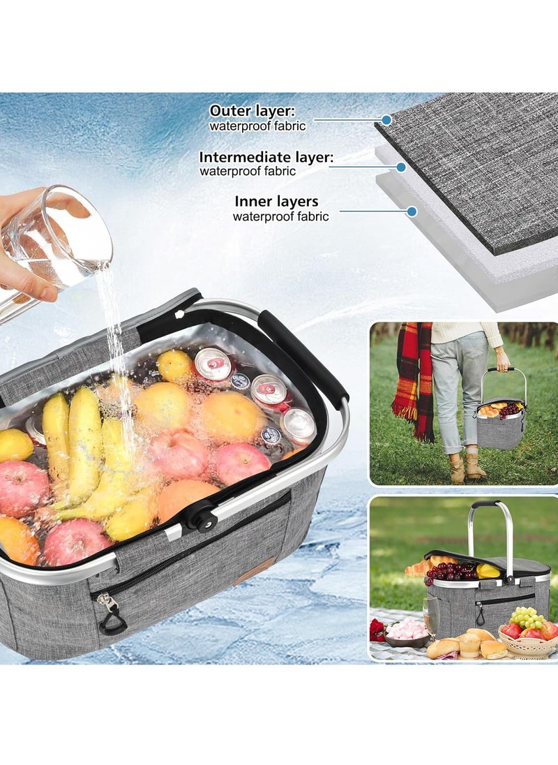 Y&D Picnic Basket 20L Portable Collapsible Cooler Bag Insulated Cooler Bag Grocery Bag Shopping Basket with Aluminium Handles for Shopping Travel Camping  Picnicking Fmily Outdoor Vacations Grey  - Image 3