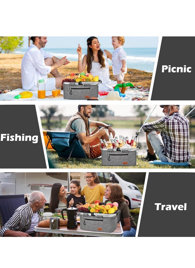 Y&D Picnic Basket 20L Portable Collapsible Cooler Bag Insulated Cooler Bag Grocery Bag Shopping Basket with Aluminium Handles for Shopping Travel Camping  Picnicking Fmily Outdoor Vacations Grey  - Image 5