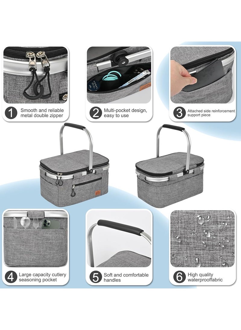 Y&D Picnic Basket 20L Portable Collapsible Cooler Bag Insulated Cooler Bag Grocery Bag Shopping Basket with Aluminium Handles for Shopping Travel Camping  Picnicking Fmily Outdoor Vacations Grey  - Image 4
