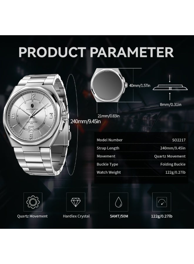 SAPPHERO Watches for Men Arabic Numeral Dial Quartz Wristwatch 50M Waterproof Luminous Watches Mens Watch Work Sport Casual Dress Watch with Stainless Steel Strap Elegant Gifts for Men - Image 3
