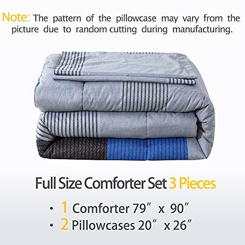 Andency Full Size Blue Comforter Set (79x90 Inch), 3 Pieces Gray and Blue Patchwork Striped Comforter, Soft Microfiber Down Alternative Comforter Bedding Set Bed in a Bag with Corner Loops - Image 2