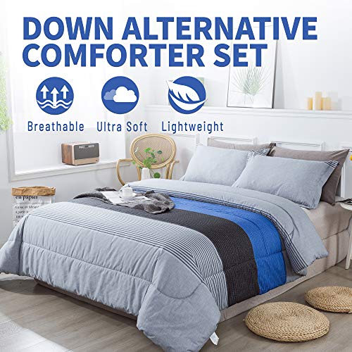 Andency Full Size Blue Comforter Set (79x90 Inch), 3 Pieces Gray and Blue Patchwork Striped Comforter, Soft Microfiber Down Alternative Comforter Bedding Set Bed in a Bag with Corner Loops - Image 4