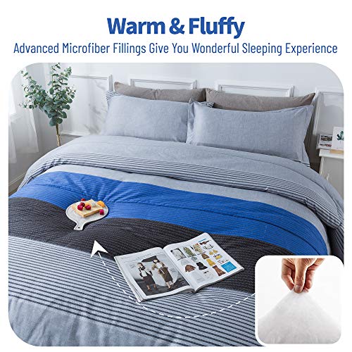 Andency Full Size Blue Comforter Set (79x90 Inch), 3 Pieces Gray and Blue Patchwork Striped Comforter, Soft Microfiber Down Alternative Comforter Bedding Set Bed in a Bag with Corner Loops - Image 3