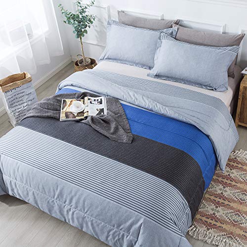 Andency Full Size Blue Comforter Set (79x90 Inch), 3 Pieces Gray and Blue Patchwork Striped Comforter, Soft Microfiber Down Alternative Comforter Bedding Set Bed in a Bag with Corner Loops - Image 1