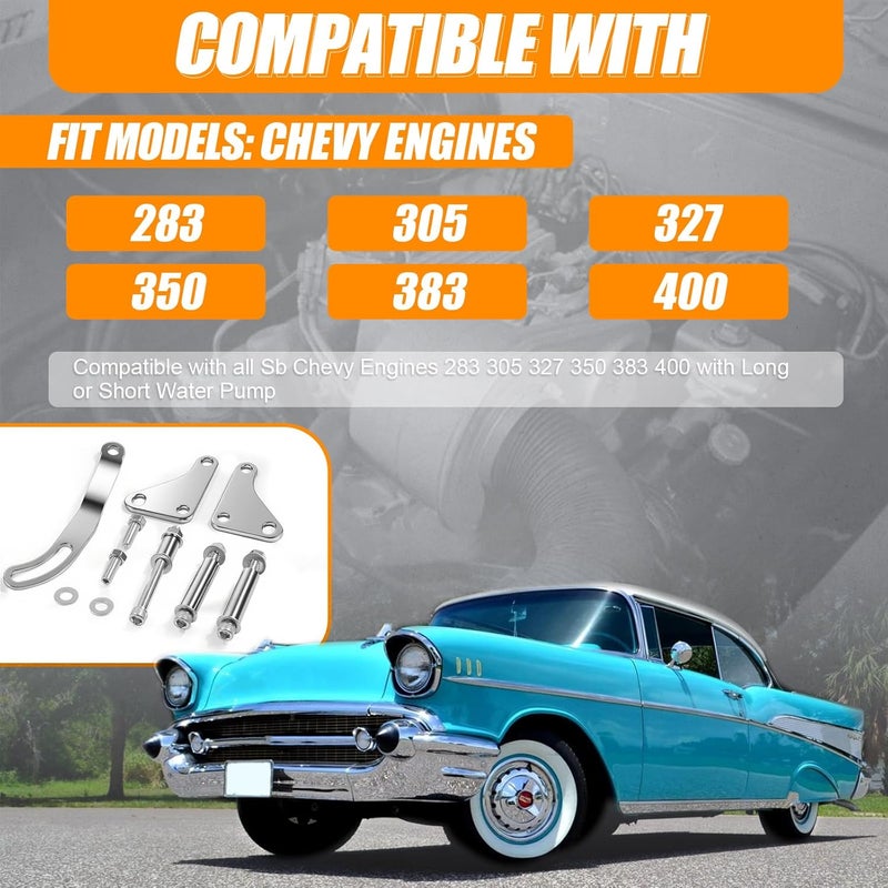 حامل تركيب مضخة التوجيه المعزز، LWP SWP، متوافق مع محركات Chevy/GM SB SBC 350 262 265 283 302 305 307 327 400 (فضي) - Image 2