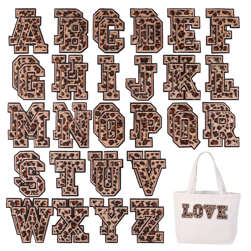 ZUYYON 52 Pcs Letter Patches Iron on Patches Repair Embroidered Patches A-Z Letters Patches Decorative Alphabet Sewing Appliques Sew on Patches for Clothing Hats Jeans Bags(Leopard Print) - Image 1