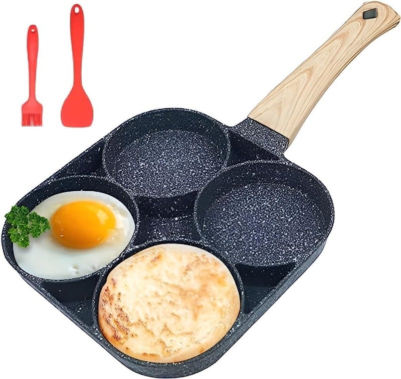 GALV 4 Hole Non Stick Egg Frying pan with Detachable Wooden Handle,Multi Purpose Frying pan for Omelet uttapam Burger Poached Egg Kitchen Breakfast with Brush and Spatula(1 pcs)(Black)(19 X 2.5 cm) - Image 1