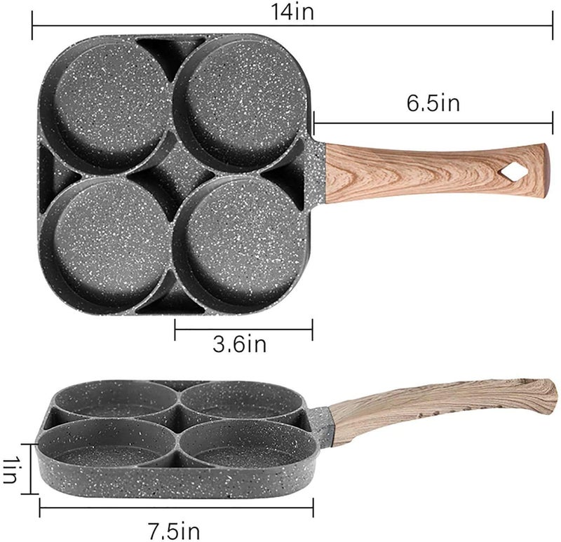 GALV 4 Hole Non Stick Egg Frying pan with Detachable Wooden Handle,Multi Purpose Frying pan for Omelet uttapam Burger Poached Egg Kitchen Breakfast with Brush and Spatula(1 pcs)(Black)(19 X 2.5 cm) - Image 2
