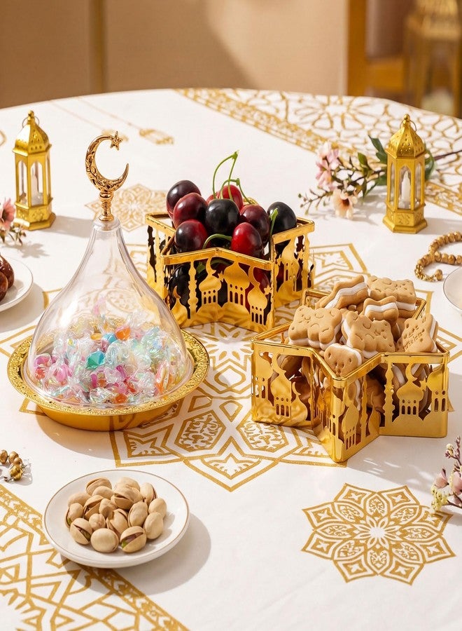 Ferrochef 3 Pcs Ramadan Serving Trays Decoration, 1 Gold Round Tray with Acrylic Dome & 2 Star Shaped Trays, Eid Mubarak Metal Plate Dish for Dessert Display Holder Islam Muslim Home Party Table Decor - Image 3