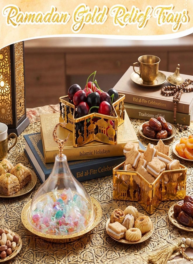 Ferrochef 3 Pcs Ramadan Serving Trays Decoration, 1 Gold Round Tray with Acrylic Dome & 2 Star Shaped Trays, Eid Mubarak Metal Plate Dish for Dessert Display Holder Islam Muslim Home Party Table Decor - Image 4