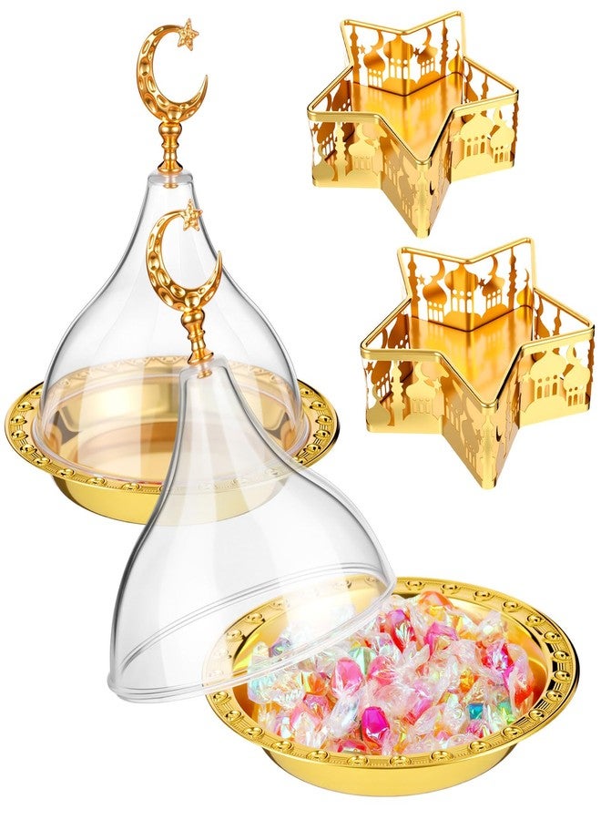 Ferrochef 3 Pcs Ramadan Serving Trays Decoration, 1 Gold Round Tray with Acrylic Dome & 2 Star Shaped Trays, Eid Mubarak Metal Plate Dish for Dessert Display Holder Islam Muslim Home Party Table Decor - Image 1