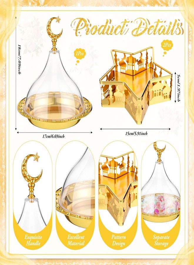 Ferrochef 3 Pcs Ramadan Serving Trays Decoration, 1 Gold Round Tray with Acrylic Dome & 2 Star Shaped Trays, Eid Mubarak Metal Plate Dish for Dessert Display Holder Islam Muslim Home Party Table Decor - Image 2