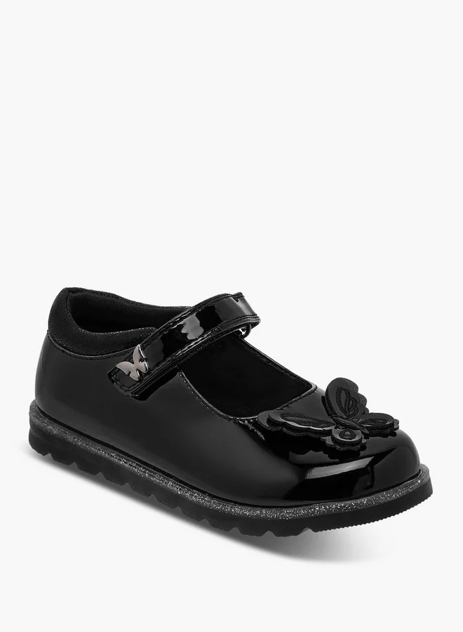 JUNIORS Girls Butterfly Applique Mary Jane School Shoes with Hook and Loop Closure
