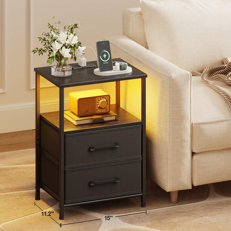 TRIFEBLE Nightstands Set of 2, Night Stand with Charging Station and Led Lights, Bedside Table with 2 Fabric Drawers for Bedroom, Small Side End Table with Open Shelf, Black - Image 5
