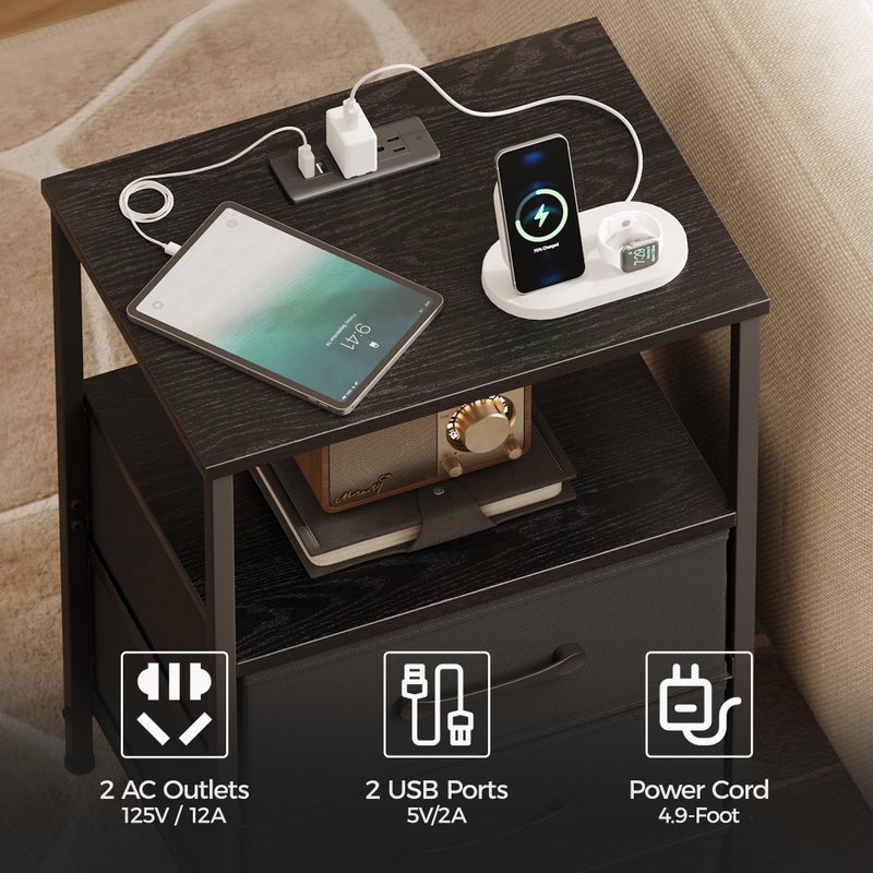 TRIFEBLE Nightstands Set of 2, Night Stand with Charging Station and Led Lights, Bedside Table with 2 Fabric Drawers for Bedroom, Small Side End Table with Open Shelf, Black - Image 4