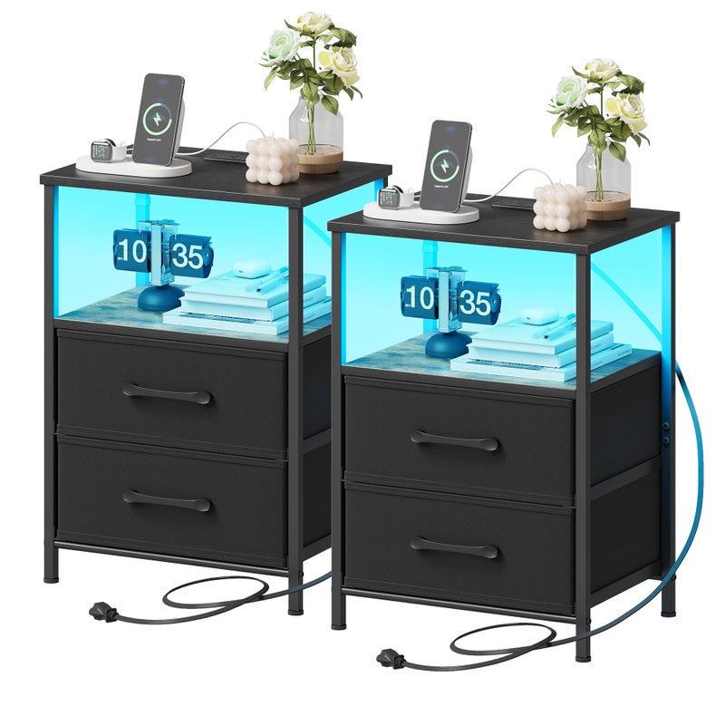 TRIFEBLE Nightstands Set of 2, Night Stand with Charging Station and Led Lights, Bedside Table with 2 Fabric Drawers for Bedroom, Small Side End Table with Open Shelf, Black - Image 1