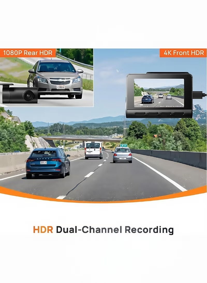 Dash Cam Front and Rear, 4KFull HD Dash Cam, Free 128GB Card, Built-in Wi-Fi GPS, 3-inch IPS Screen, Night Vision, 170° Wide Angle, WDR, 24-hour Parking - Image 4