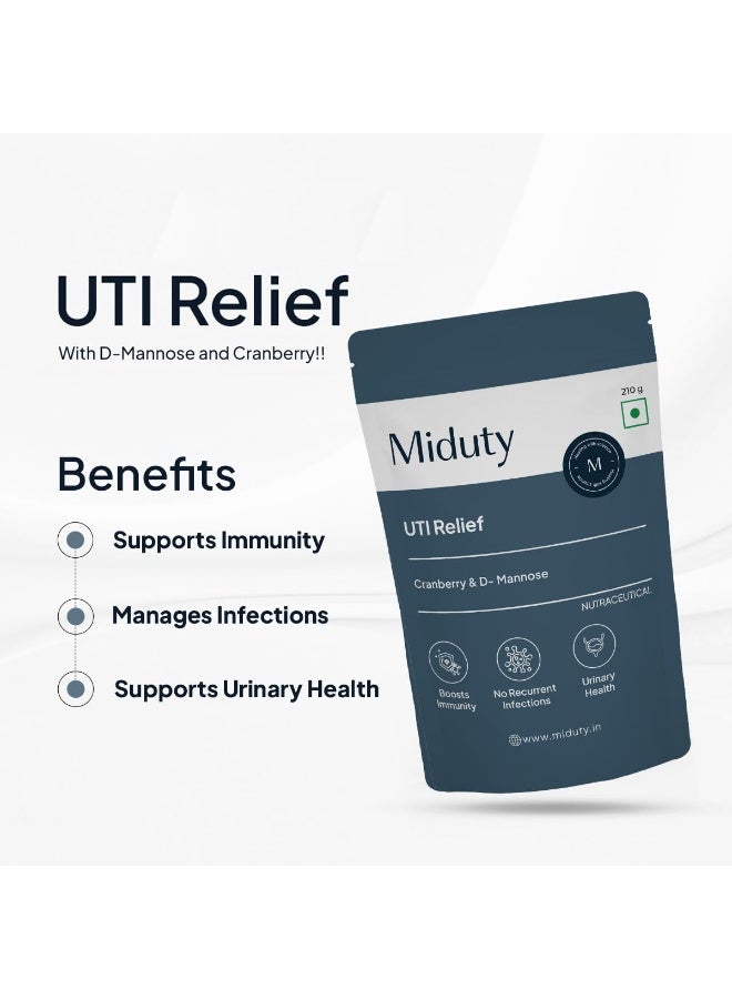 Miduty UTI Relief | D-Mannose and Cranberry Supplement | Helps in Urinary Tract Infection - Burning Urine Relief - Vegetarian Formula - 210 Grams - Image 3