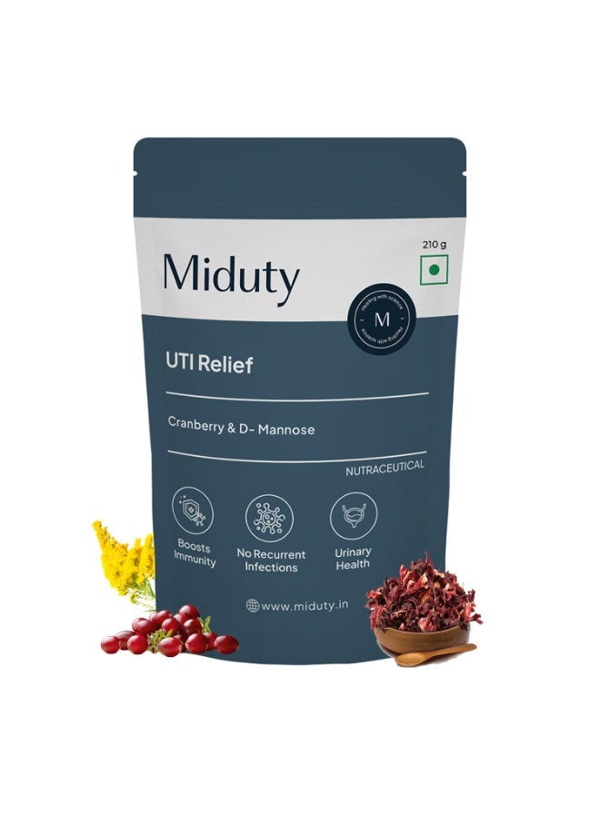 Miduty UTI Relief | D-Mannose and Cranberry Supplement | Helps in Urinary Tract Infection - Burning Urine Relief - Vegetarian Formula - 210 Grams - Image 1