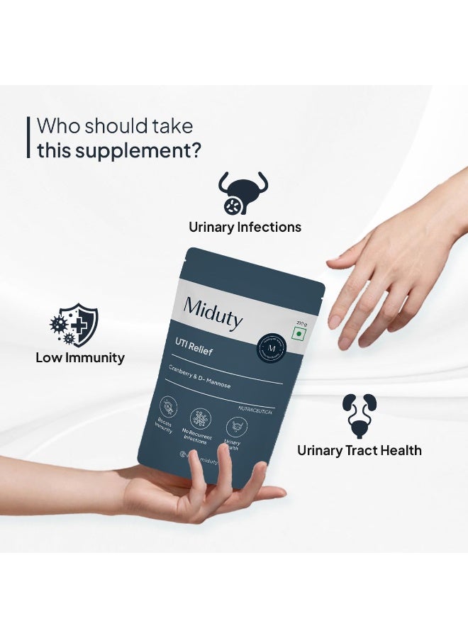 Miduty UTI Relief | D-Mannose and Cranberry Supplement | Helps in Urinary Tract Infection - Burning Urine Relief - Vegetarian Formula - 210 Grams - Image 2