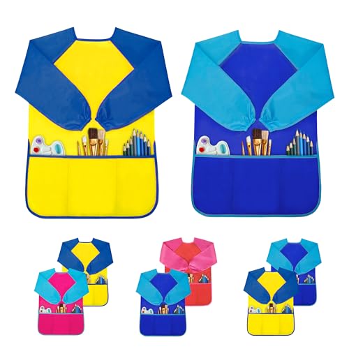 Milifox 2 Pack Kids Art Smock Toddler Painting SmockWaterproof Long Sleeve Kids Art Apron with 3 Pockets for Children - Image 1