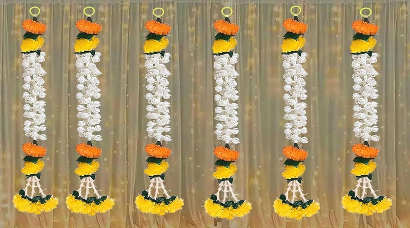 Tia Crafts تيا كرافتس زينة يدوية من زهور الماريغولد والياسمين خلفيات صناعية مزخرفة لزينة الستائر المنزلية مجموعة من 6 زهور صفراء برتقالية 50 مم - Image 2