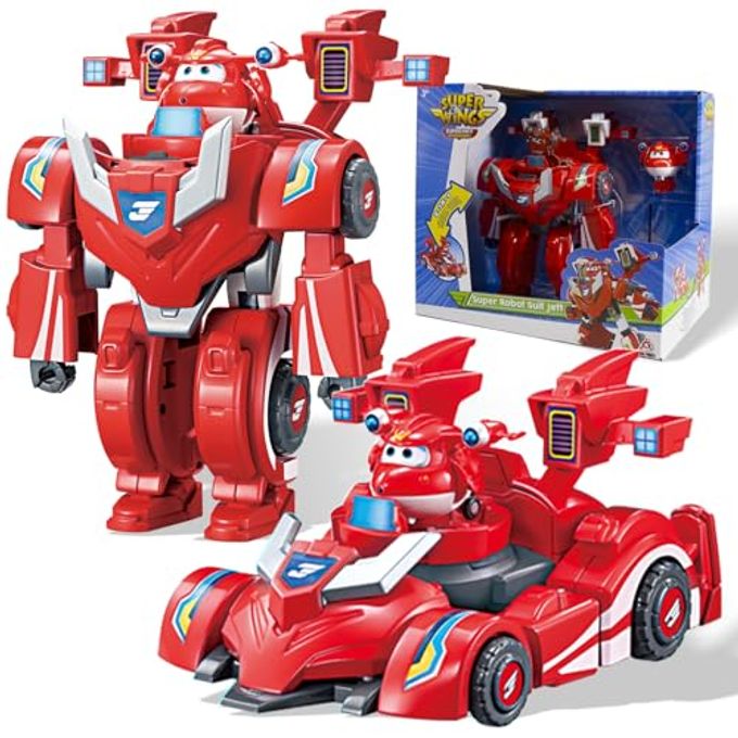 SUPER WINGS Transformable Toys, 7" Super Robot and 2" Mini Jett Transforming Suit, 2 in 1 Racing Car-Robot Action Figure for Boys and Girls Age 3+, Gifts for Preschool Kids, Red - Image 1