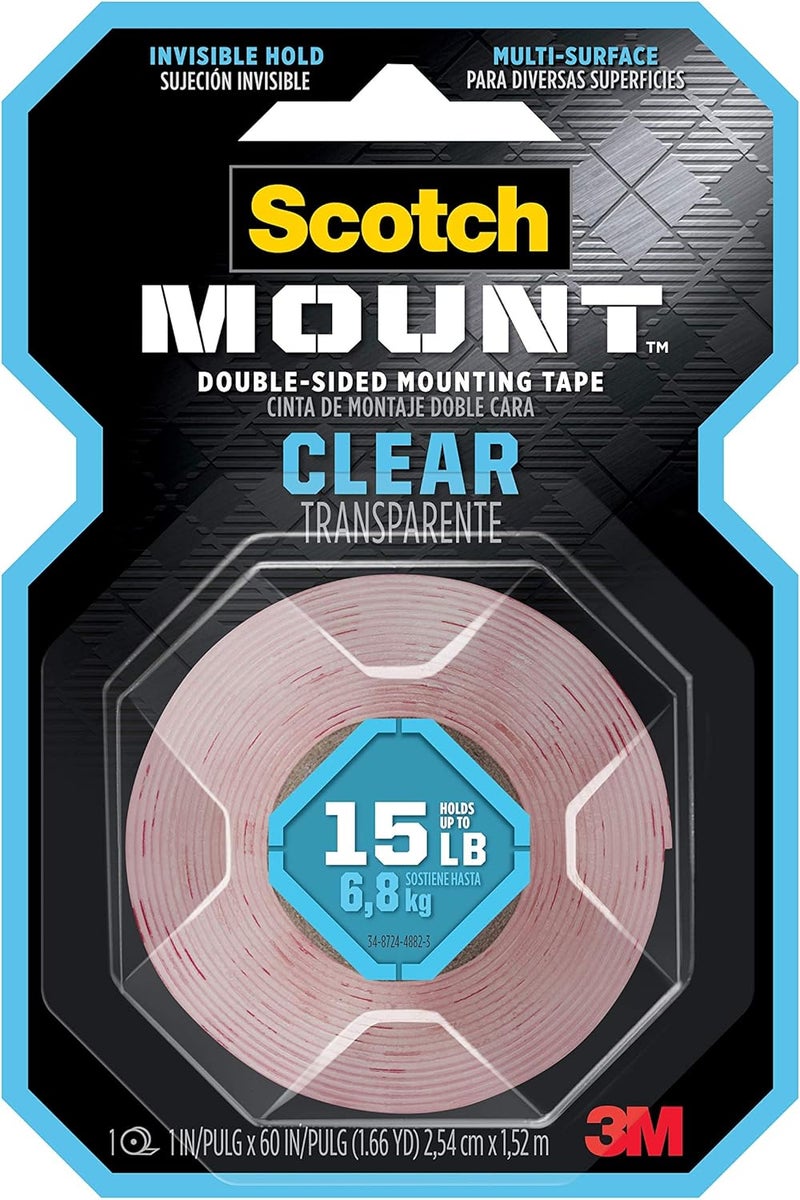 Scotch  Mount Clear Tape 1 In X 60 In (2.54Cm X 1.52M), 1 Roll/Pack Holds 6.8 Kg Whole Roll Transparent Color Multi-Surface Easy To Use No Tools Double Sided Adhesive Tape - Image 1