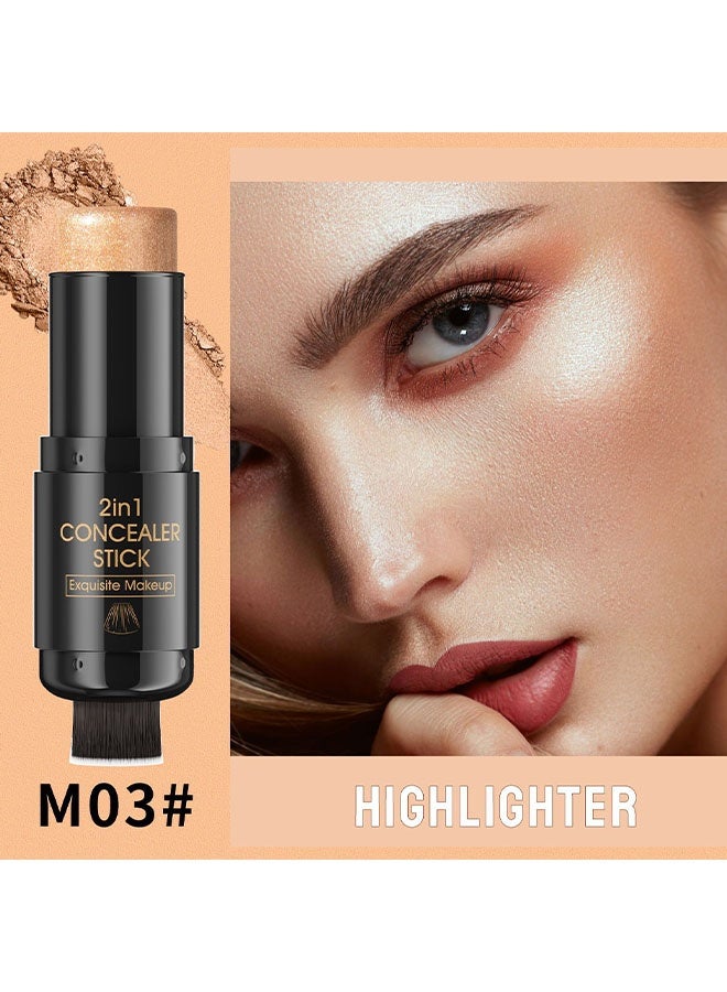 HelloKiss Concealer Stick，2 In 1 Highlighter Makeup Stick with Built-In Brush, Glow Highlighter Stick Makeup for Face and Body, Long Lasting, Waterproof, Matte M03#Highlight - Image 2