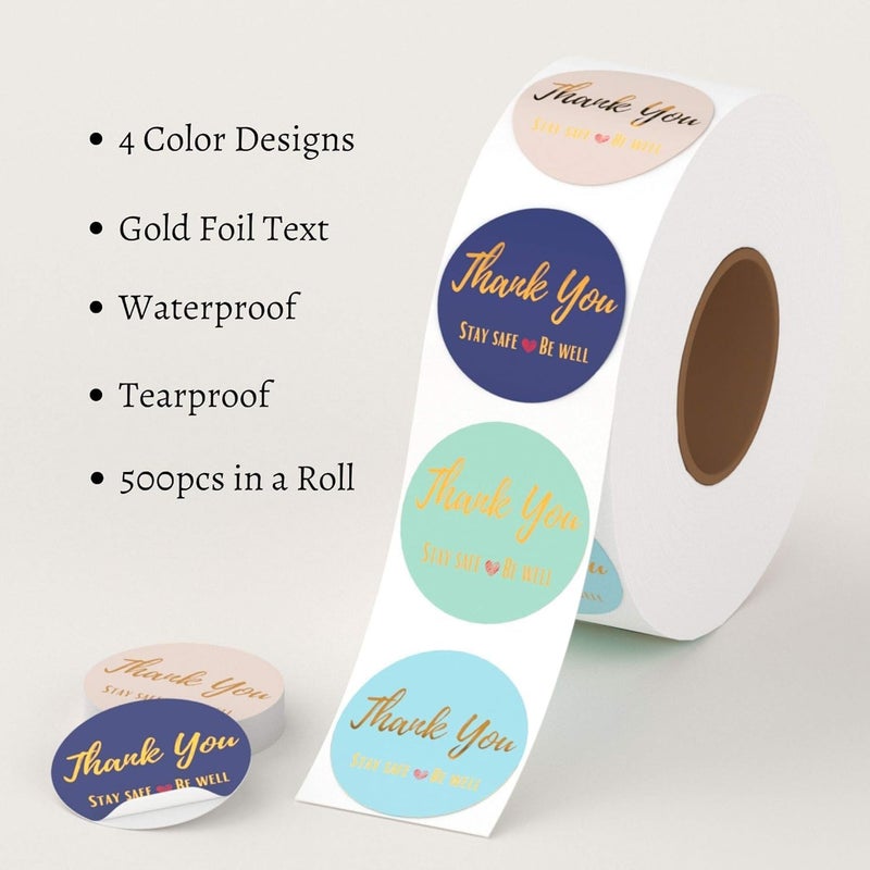 STORE 2508 Store2508 500 Pcs Thank You Stickers Stay Safe and Be Well 15 inch Waterproof for Small Business Packaging Mailer Seal Stickers 4 Pastel Colours with Gold Foil Designs - Image 3