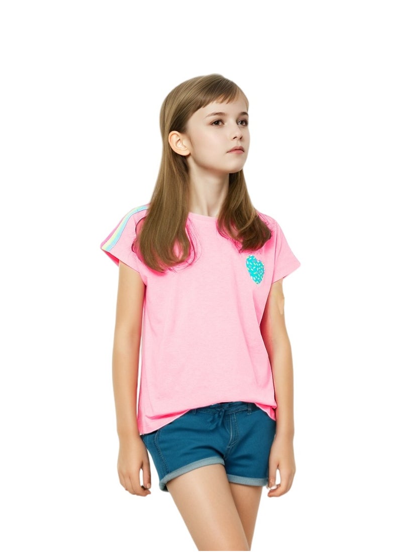 WiNi BEE Girls T-Shirt with heart print ribbon shouder Fashion Girl Top Kids Casual Tee Round Neck Short Sleeve  - Image 1