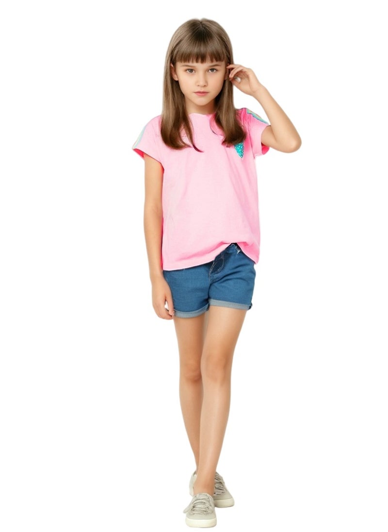WiNi BEE Girls T-Shirt with heart print ribbon shouder Fashion Girl Top Kids Casual Tee Round Neck Short Sleeve  - Image 2