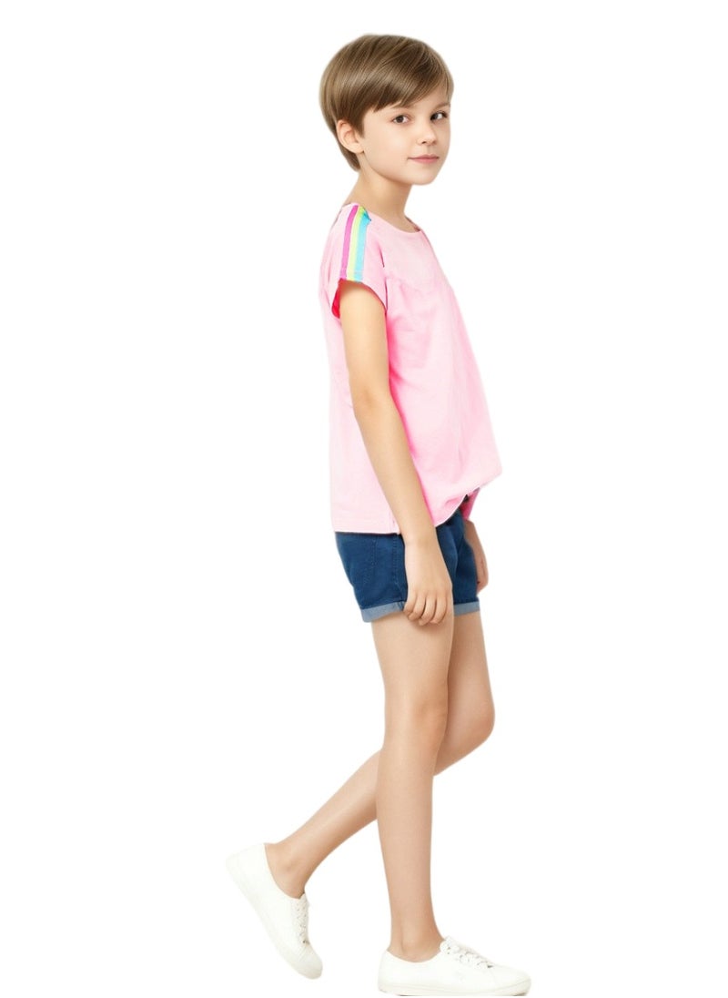WiNi BEE Girls T-Shirt with heart print ribbon shouder Fashion Girl Top Kids Casual Tee Round Neck Short Sleeve  - Image 3
