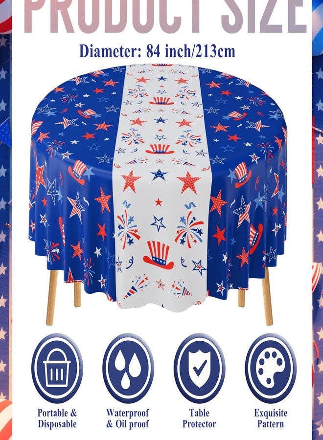 Oudain 3 Pcs 4th of July Round Tablecloth 84 Inch Plastic Patriotic Tablecloth Disposable Independence Day Table Cover Red White Blue Stars Decor for Memorial Day Dinner Party Supplies (Firework) - Image 4